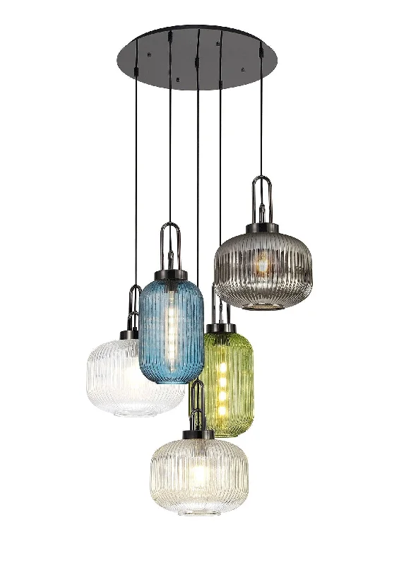 Track lighting for modernizing traditional interiorsCadiz 2.5m Round Pendant 5 Light E27 With Various Glasses, Black Chrome