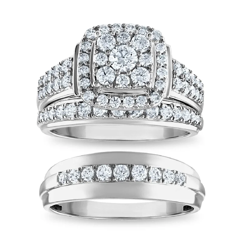 EcoLove 1-1/2 CTW Lab Grown Diamond Halo Wedding Trio Set in 10KT White Gold