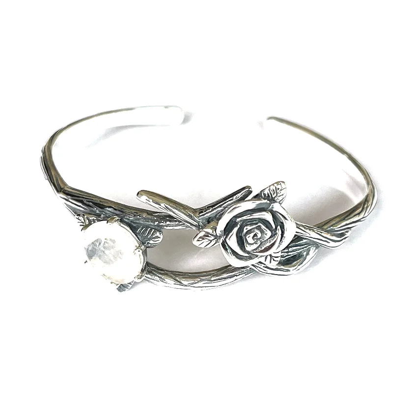 Rose & white stone silver bangle