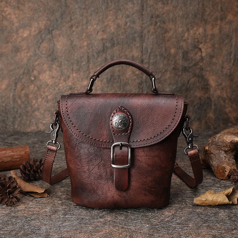 Vintage Leather Womens Bucket Brown Shoulder Bag Handmade Barrel Crossbody Purse for Ladies