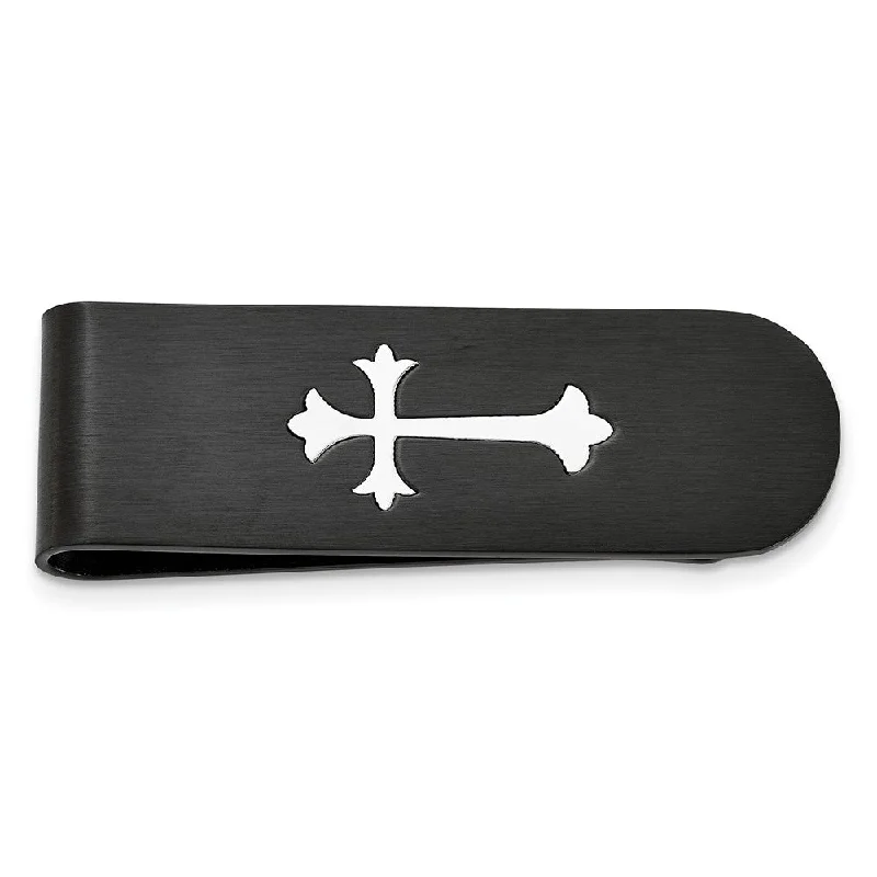 Black Plated Stainless Steel Fleur de Lis Cross Fold Over Money Clip