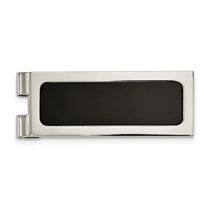 Men's Stainless Steel & Black Agate Inlay Spring Loaded Money Clip