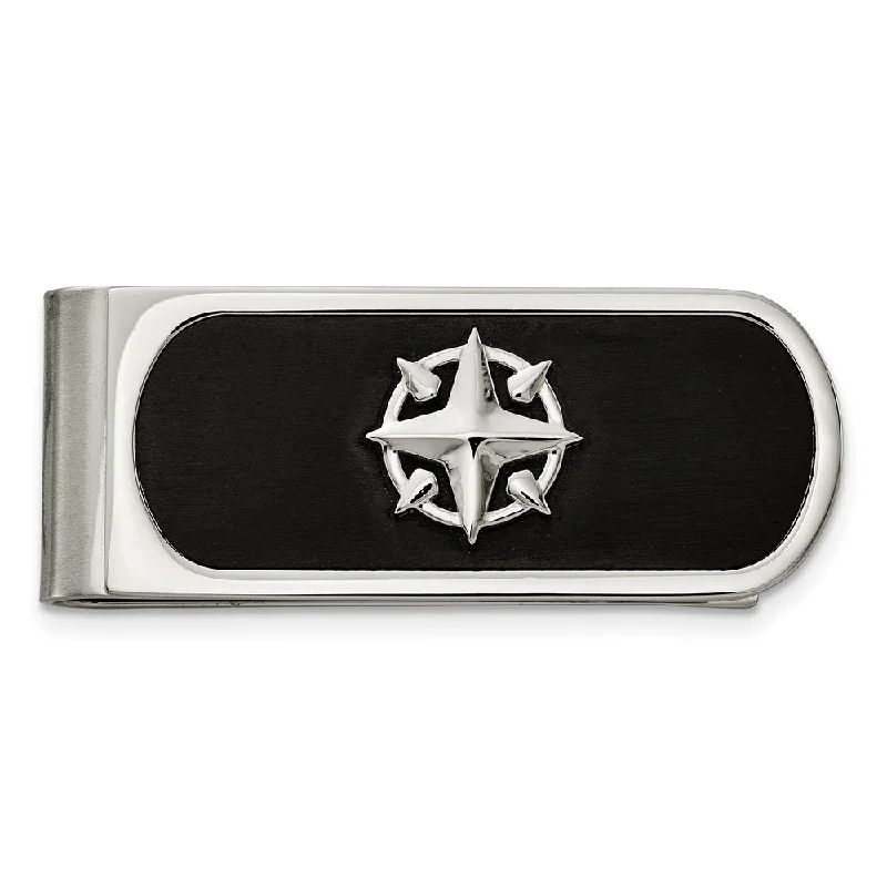 Stainless Steel & Black Plated North Star Compass Fold Over Money Clip