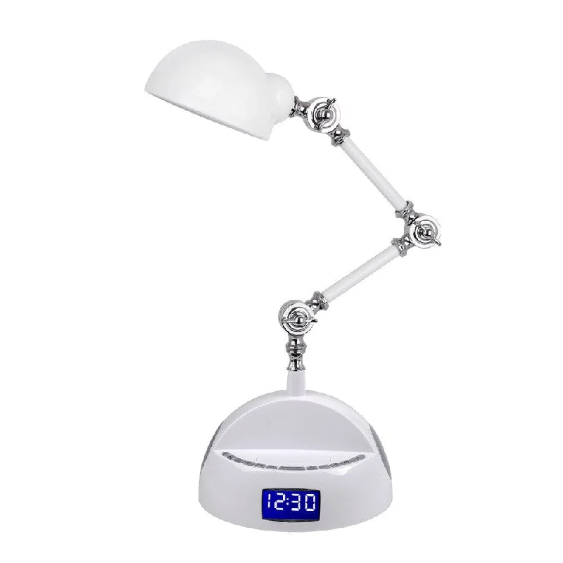 metal table lamps with a matte black finish for a sleek appearancemetal table lamps with a matte black finish for a sleek appearanceLighTunes Bluetooth Adjustable Robot Speaker Lamp with Alarm Clock, FM Radio, and USB Charging Port