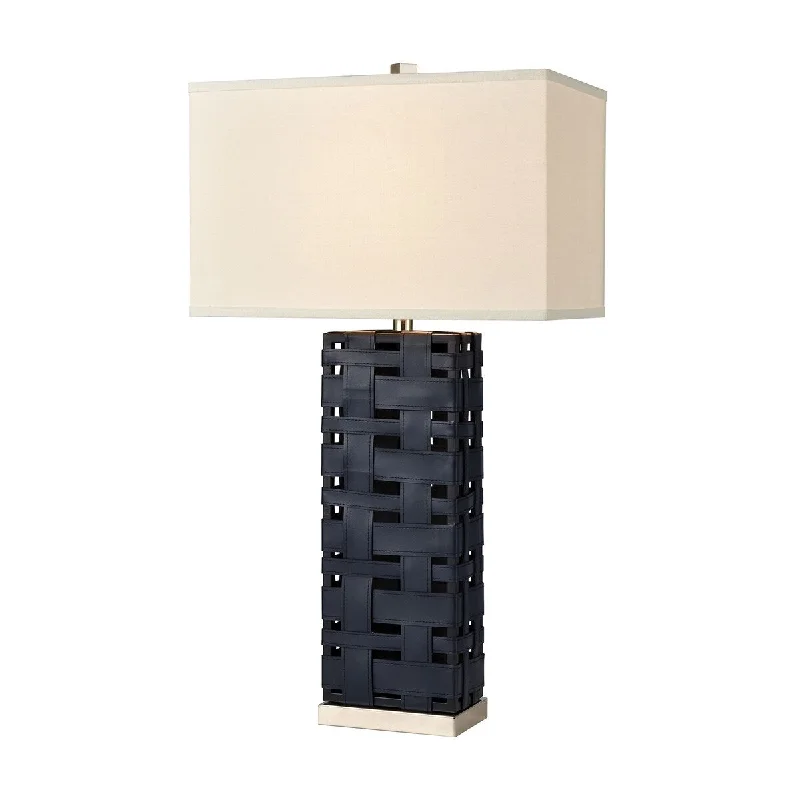 bohemian table lamps with colorful patterns for eclectic bedroomsbohemian table lamps with colorful patterns for eclectic bedroomsStrapped Down Table Lamp in Polished Nickel and Navy Blue with a White Linen Shade